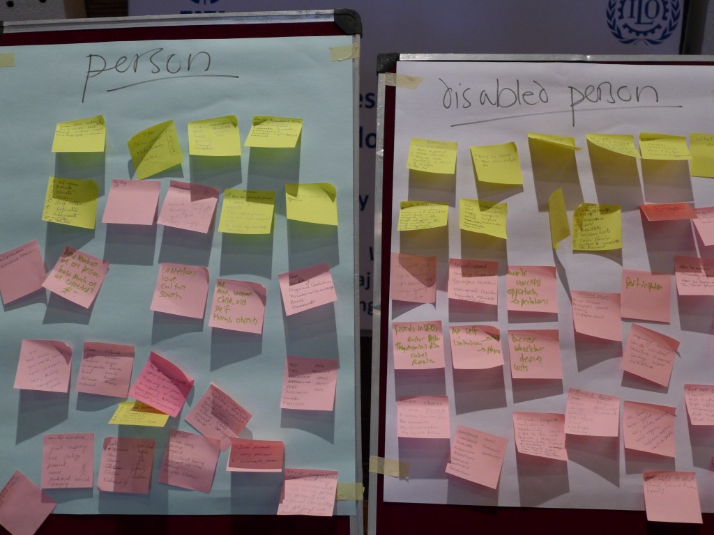 Two boards with post-it notes on them. One is titled "person", the other "disabled person".