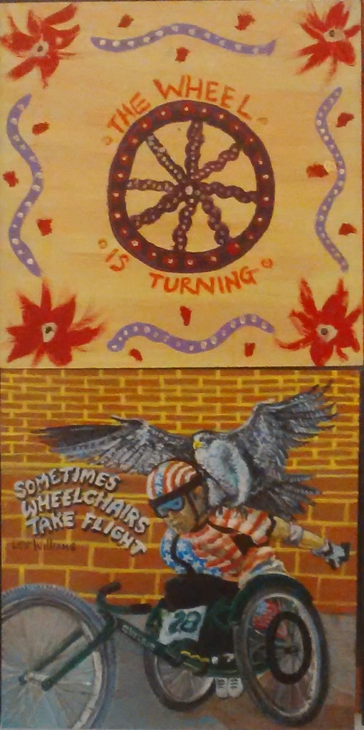 Two images. The top has a wheel around which the text says "The Wheel is Turning". The bottom has a wheelchair user being picked up by a bird - "sometimes wheelchairs take flight". 